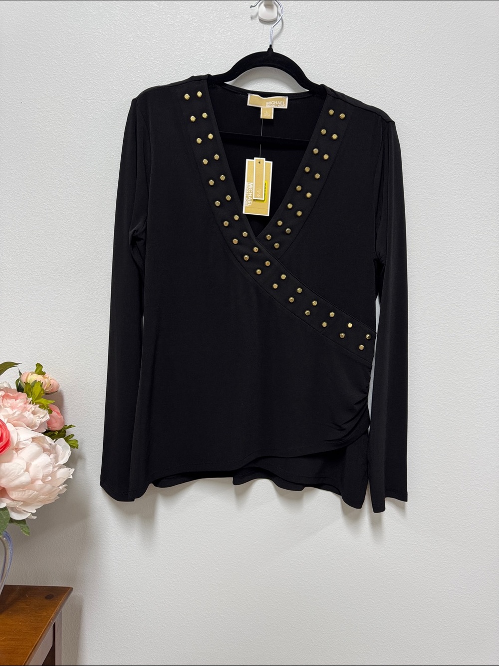 MICHAEL Michael Kors Black Long-Sleeve Stud Trim Wrap Top
